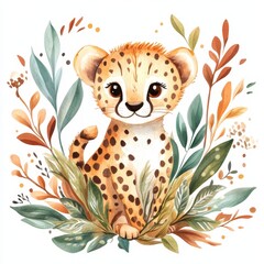 Gold Safari. Watercolor Cheetah in Tropical Floral Leaves, Kids Safari Design