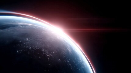 Fototapeta premium A breathtaking view of Earth from space, showcasing the vibrant colors of sunrise. This stunning image captures our planet with a glowing atmosphere in a cosmic backdrop. Ideal for digital art. AI