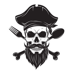 Skull pirate chef logo with beard cutlery and crossed bones vector illustration
