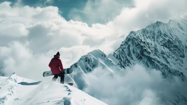 Man in red jacket looks at snowy mountains, creating a sense of adventure and freedom. Suitable for advertising sports equipment and tourist services.
