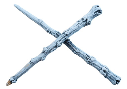 Two light blue knobby sticks are crossed in an Xshape against a black background