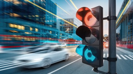 Urban traffic light with blurred motion of vehicles.