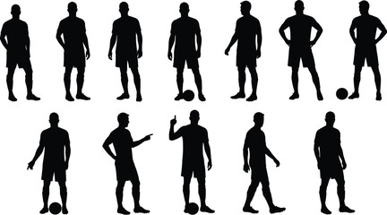 Silhouette of soccer players, football man standing pose, vector collection, athlete body posture, black shape, sports clipart, illustration