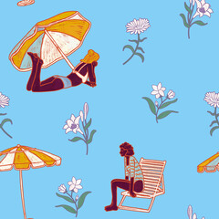 African American women relaxing on the beach. Black girlfriends sunbathing on the sea illustration. Friends relaxing under a sun umbrella. Summer light blue resort pattern wallpaper.