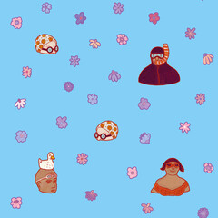 People swimming in water. Heads of swimmers divers in sea illustration. Relax diving in sea. Summer light blue resort pattern wallpaper.