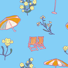 Beach furniture, sun umbrellas, sun loungers, chairs. Comfortably sunbathing on the sea illustration. Vacation at sea. Summer orange yellow blue resort pattern wallpaper.
