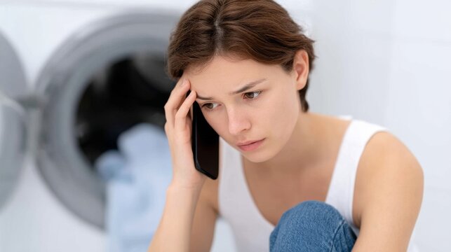 A young woman sitting on the floor looks troubled while talking on her phone. She is deep in thought as she contemplates a situation. This image captures a moment of stress in a home setting. AI