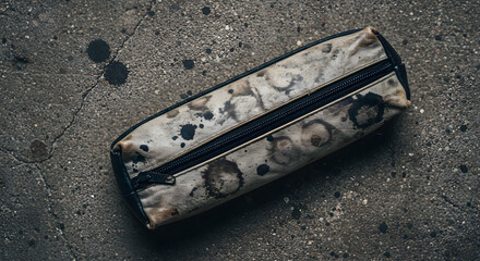 Worn pencil case with ink stains on a concrete surface  
