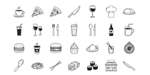 Culinary line icons of food and drink for restaurant designs in black and white