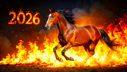 Image of a red fire horse galloping through the flames, symbol of the year 2026 according to the Eastern calendar. AI, Illustration, Generation, Generated image.