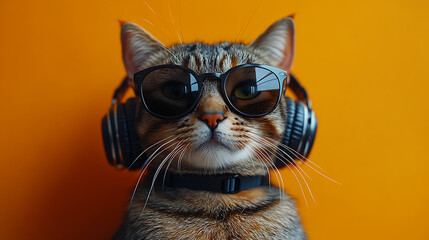 Stylish cat wearing sunglasses and headphones against a vibrant orange background