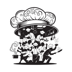 Professional kitchen staff preparing food under chef hat vector illustration in black and white
