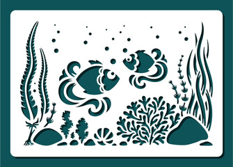 Rectangular stencil two fish, seaweed, shell. Marine underwater life of sea, ocean, lake, river. Painting for plotter laser cutting of paper, wood carving, metal engraving, cnc. Vector illustration.
