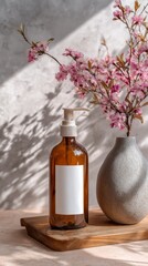 Amber bottle product photography with a clean, minimalist aesthetic. Minimalist aesthetic for showcasing skincare and cosmetic bottle designs.