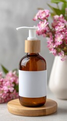 Amber bottle product photography with a clean, minimalist aesthetic. Minimalist aesthetic for showcasing skincare and cosmetic bottle designs.