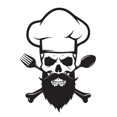 Skull chef vector wearing hat with spoon fork and crossbones isolated