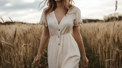 A young woman in a flowing linen dress walking through a golden wheat field under a soft summer breeze. Perfect for themes of slow living, rural beauty and summer memories. Generative AI. 