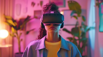 Headset Avatar. Young Woman Enters Colourful Digital Universe with Avatars on Virtual Reality Online Platform