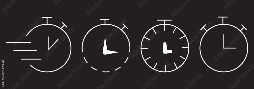 Poster clock and time icon set. clockwise, time passing, stopwatch and timer icons, history, watch later si
