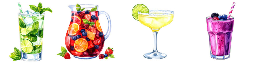 Set of watercolor alcoholic and non-alcoholic cocktails with transparent background