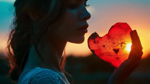 Sunset sky with a silhouette of a woman holding a heart of leaves creates a romantic and melancholic atmosphere. Suitable for jewelry advertising, romantic movies, wedding videos and presentations abo