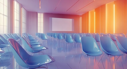 Indoor Movie Event. Modern Theatre Setting with Blue Chairs and Movie Projector