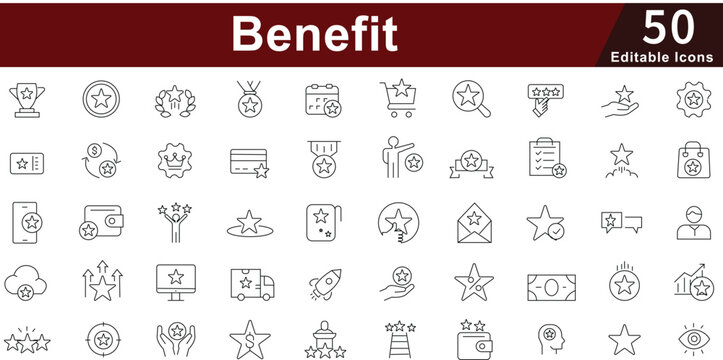 Benefit Rewards Icon Set - 50 Editable Employee Benefits Icons for HR, Incentives and Corporate Perks Vector Collection