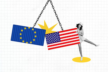 Trend artwork poster composite sketch collage of geo politics flag usa europ hang metal chain young...