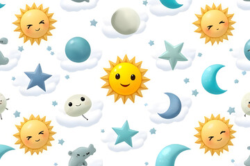 The cartoon drawings of the sun moon stars and clouds