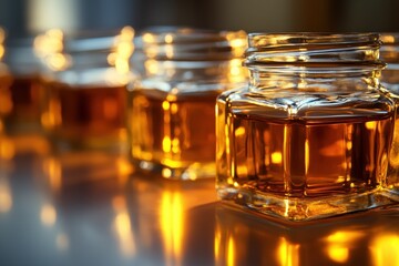 Jar of Caramel. Homemade Salted Caramel Sauce in Glass Jar with Brown Sugar Background