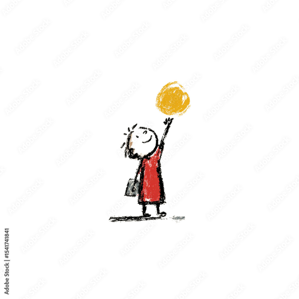 Poster child raising a yellow ball with a joyful expression in a simple style