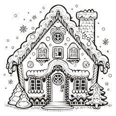 Fototapeta premium Gingerbread house vector color illustration in sketch style. Line art Christmas baking and treats on isolated background.