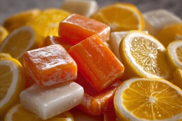 A closeup shows a pile of orange and white rectangular candies mixed with lemon and orange fruit slices
