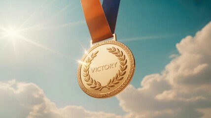 Golden victory medal with laurel wreath hanging against a sunny sky