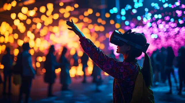 Joyful Woman Enjoys Virtual Reality Experience at Colorful Event