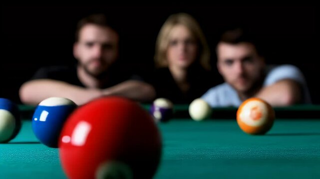 Pool players and balls on a green table