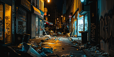 Broken glass and debris on a street of Paris after riot protest.