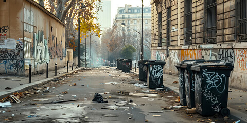 Broken glass and debris on a street of Paris after riot protest.