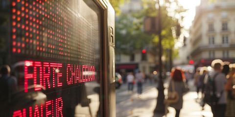 Street electronic display board showing message in French "Forte Chaleur" on a street of Paris during heat wave
