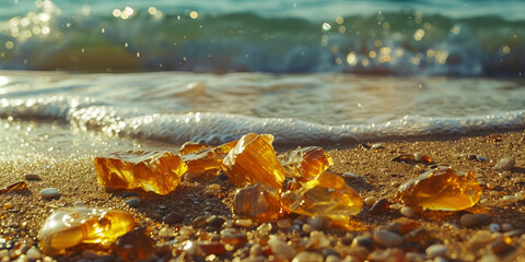 Beautiful pieces of amber on the sand beach, waves of the Baltic sea in the background.