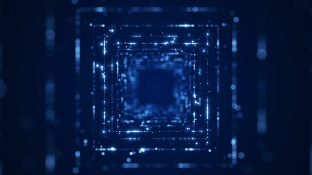 Abstract square particle tunnel technology background concept on dark blue background digital presentation backdrop effect.