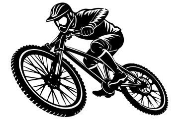 Naklejka premium Dynamic Downhill Mountain Biker in Action Bold Black and White Illustration