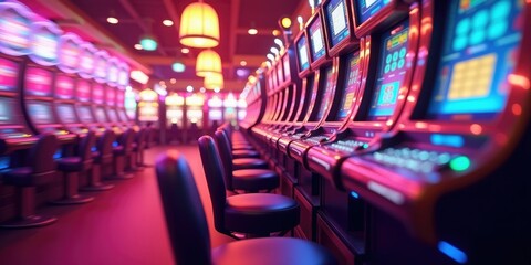 Row of illuminated slot machines in a casino with blurred background and empty chairs