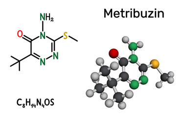 Metribuzin molecule. Triazinone herbicide used in agriculture for broadleaf weed control
