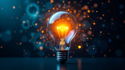 A light bulb is lit up in a blurry background. The light bulb is the main focus of the image, and it is glowing brightly. The blurry background suggests that the image was taken from a distance