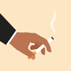 Dark skinned hand holding a lit cigarette with rising smoke