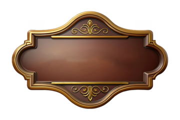 Brown elongated banner, gold ornate border, vintage nameplate, decorative plaque