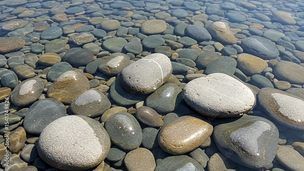 Poster transparent water over various sized smooth rounded stones creating natural texture and calm serene 