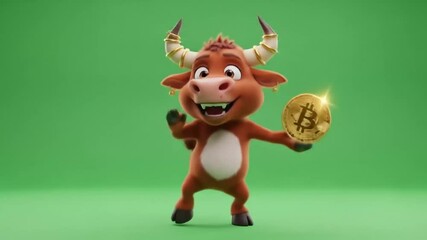 Animated dancing bull character holding a shining bitcoin coin on green background in various poses