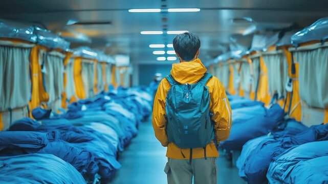 Hostel Lodger: An adventurer dons a vibrant yellow jacket while traversing a long hostel dorm filled with sleeping bunks.